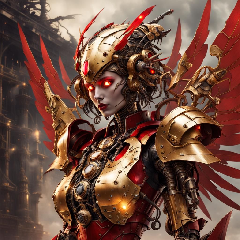 Steampunk Robotic Fire Fairy with Gold Armor