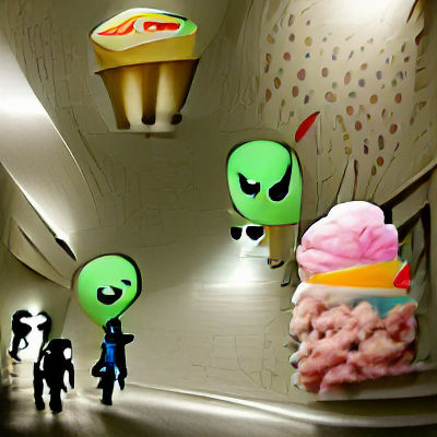 Surreal Hallway Scene with Aliens and UFO