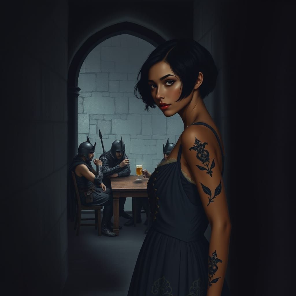 Stealthy Sorceress Melts into Shadows in Dark Corridor