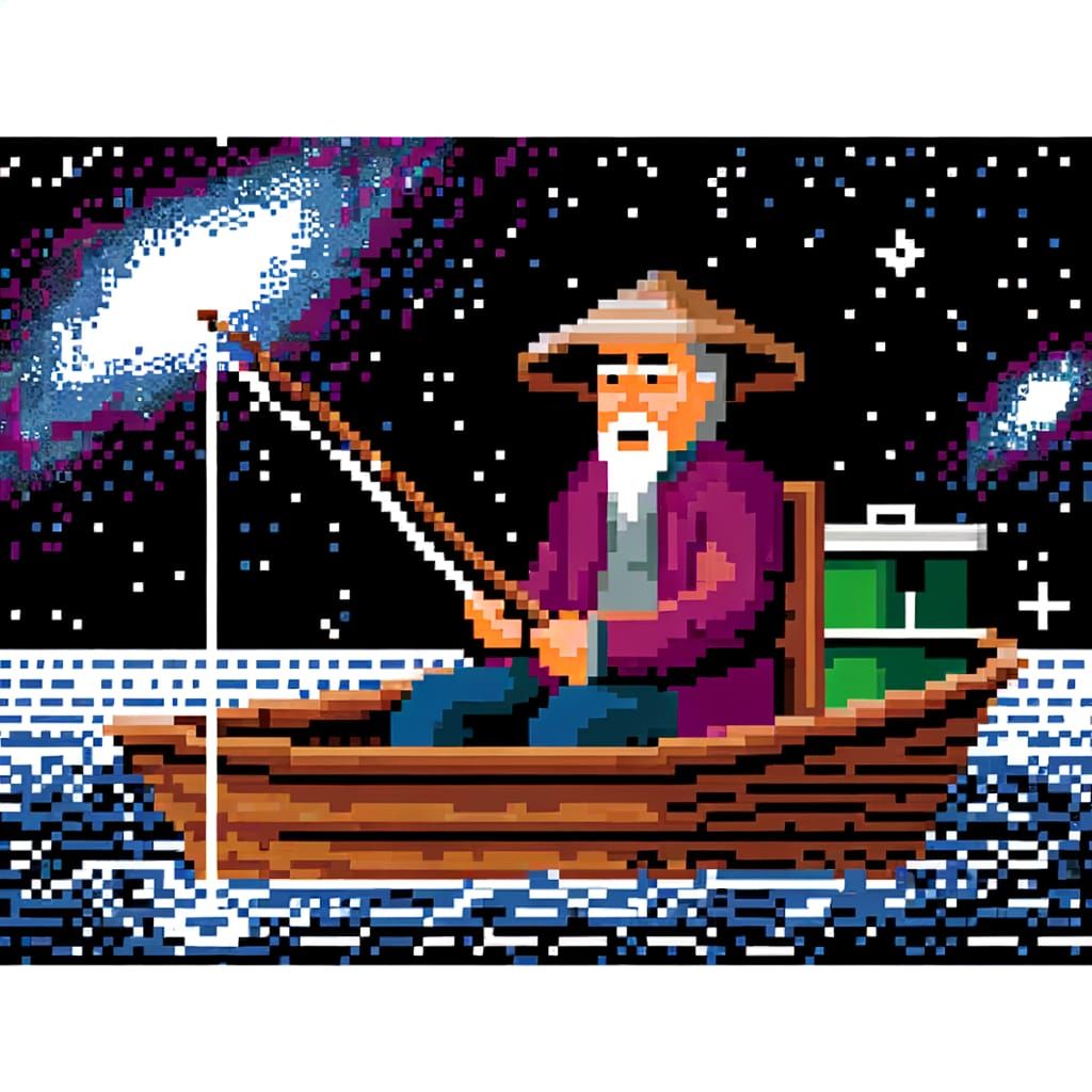 Vintage Pixel Art Fisherman on Cosmic Lake