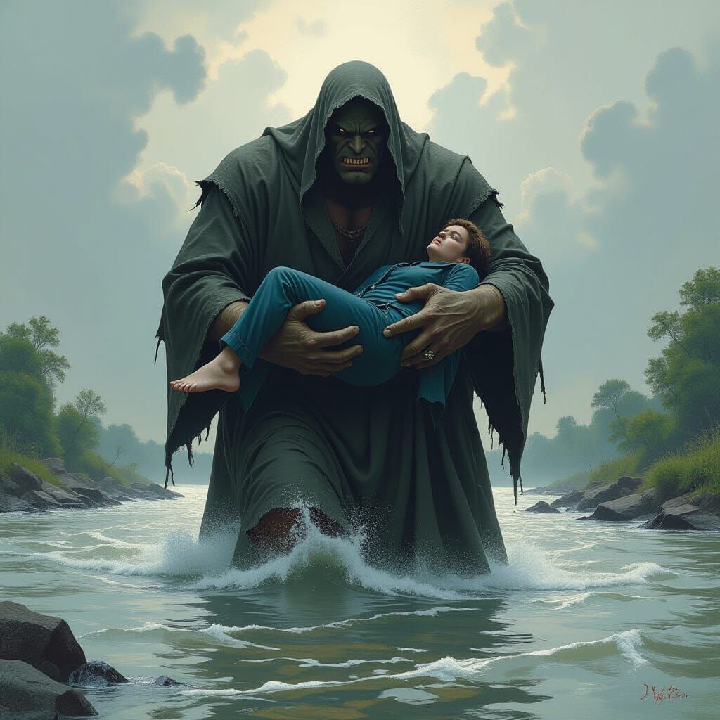 Giant Wades Through River with Human: Dark Surrealism