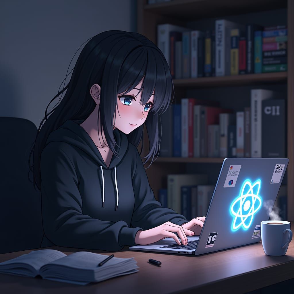 Anime Girl Coding with Dramatic Lighting in 3D