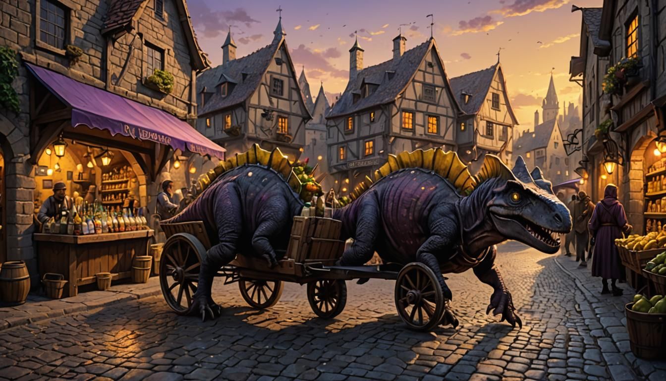 Dinosaur Bartender in Medieval Market: Dark Fantasy Art