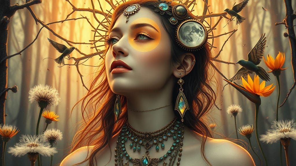 Dream Transhumanist Woman in Ethereal Forest