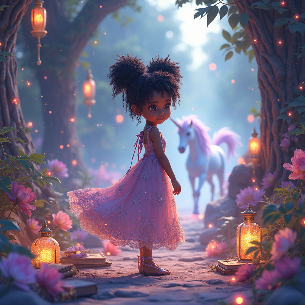 Mystical Girl with Unicorn in Anime Style