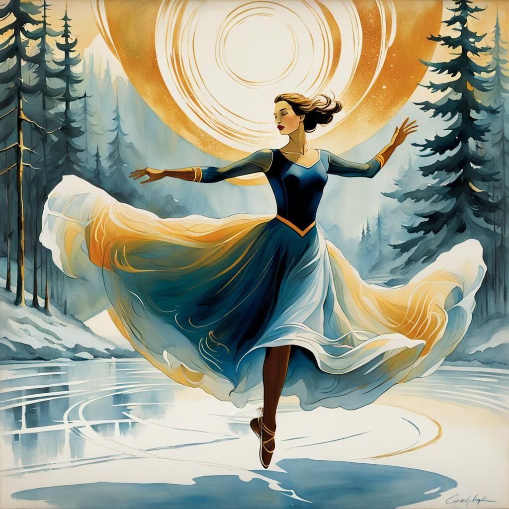 Spectacular Women's Ice Ballet: Color Tint Ink Drawing