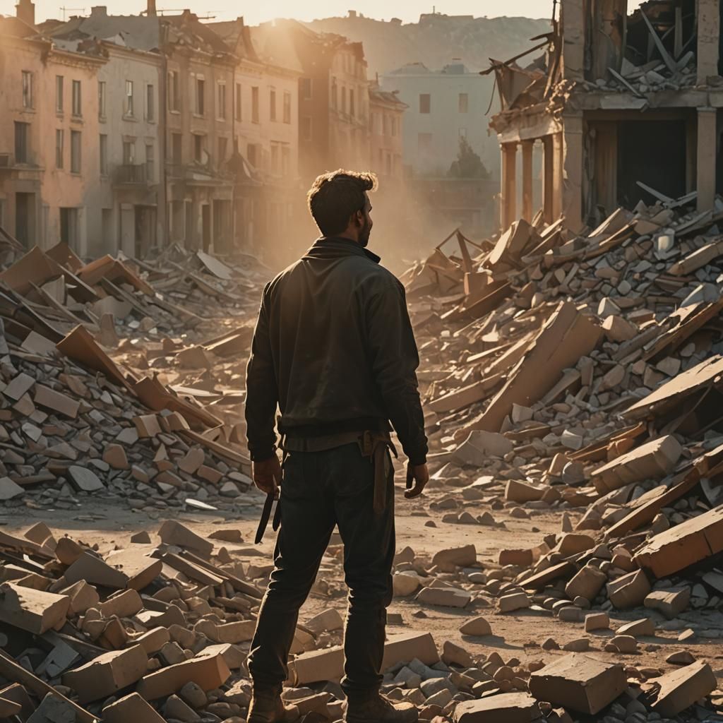 Heroic Vigilante Silhouette in Bleak Cityscape