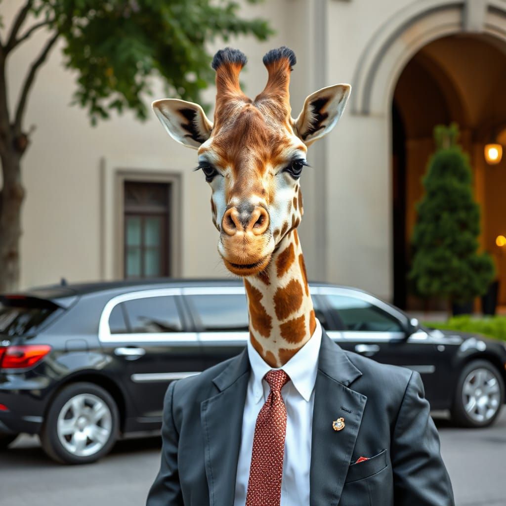 a giraffe wearing a chauffeur suit with a limo in the backgr...