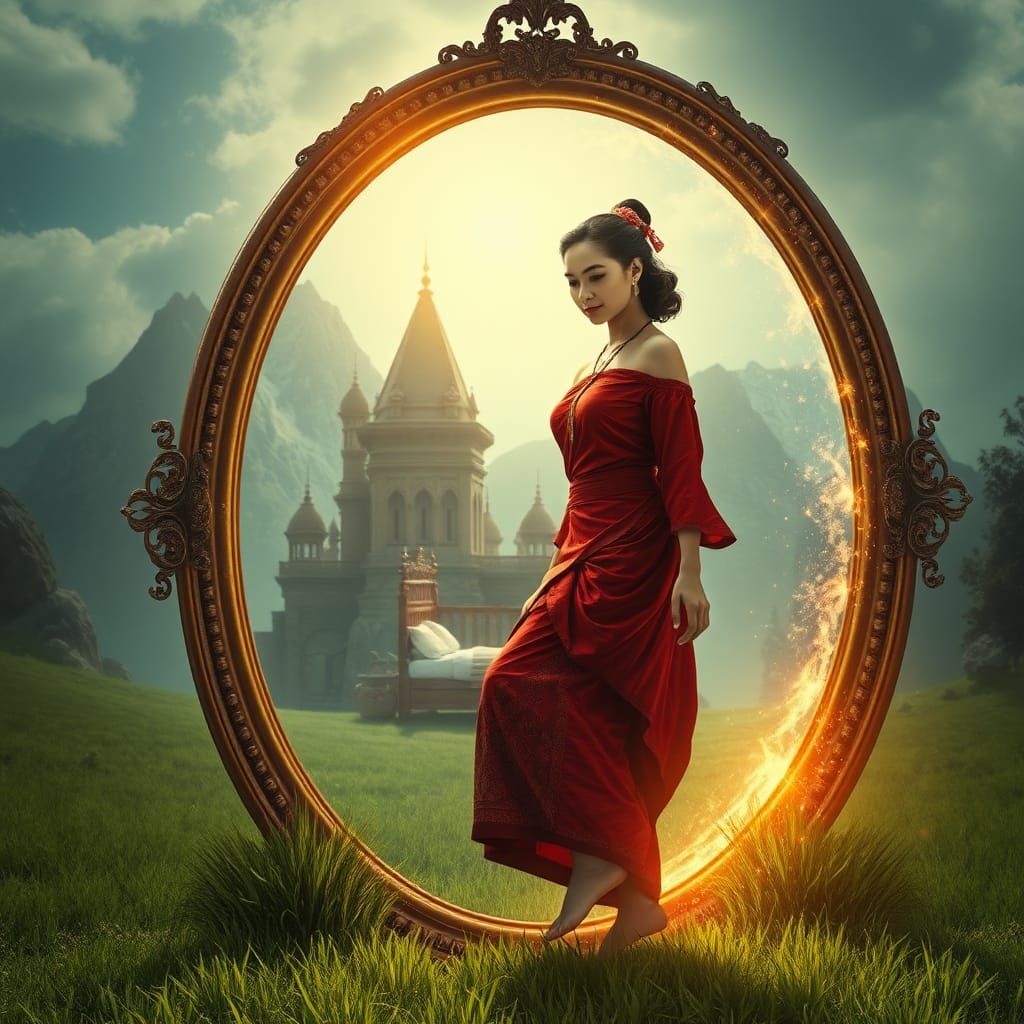 Asian Woman Emerges from Ancient Mirror