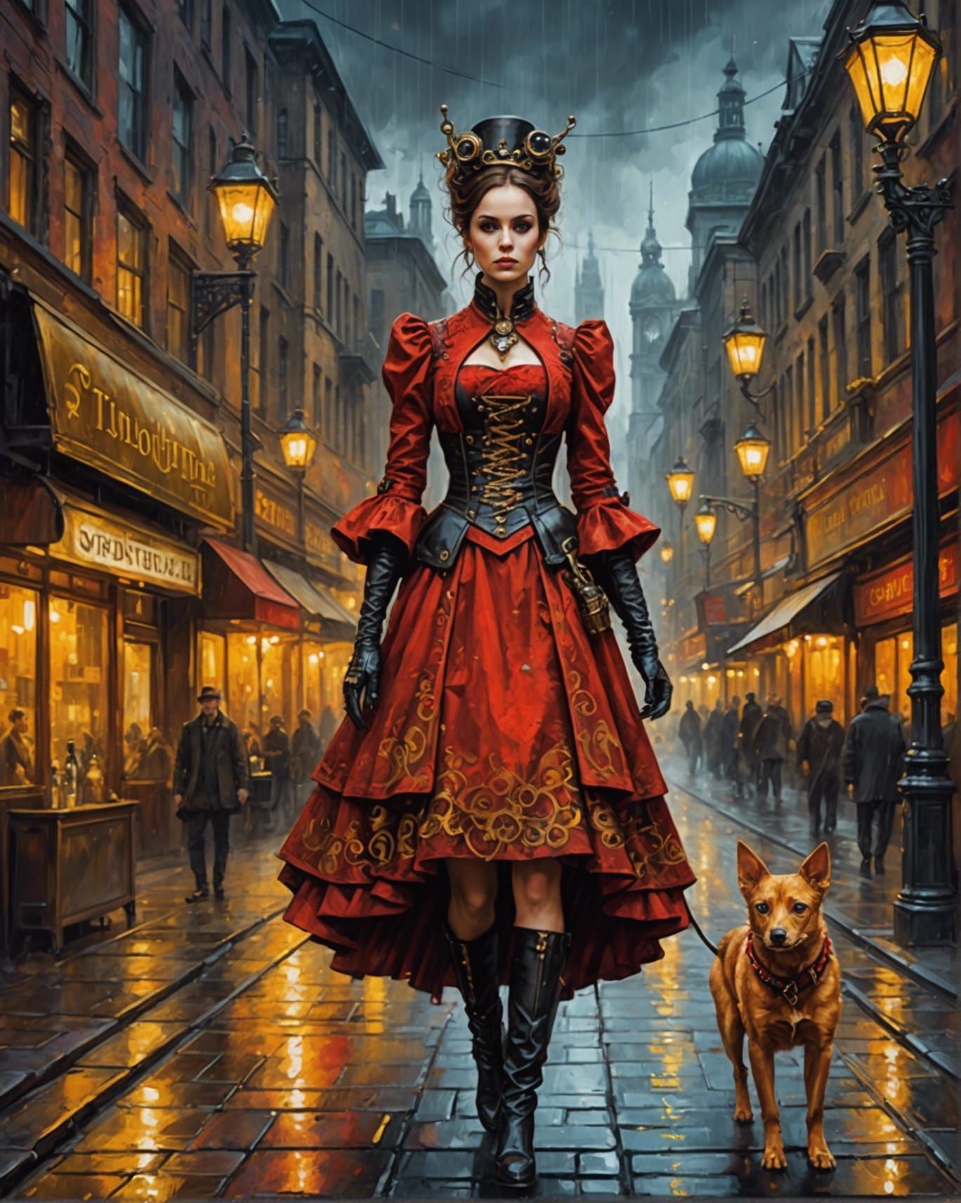 Steampunk Xoloitzcuintle in Red Dress: Oil on Canvas