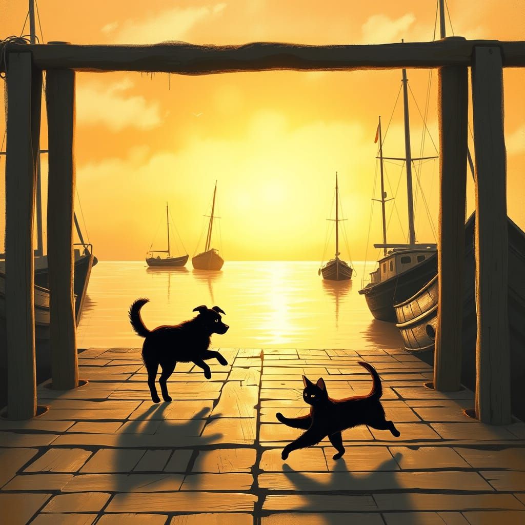 Whimsical Wooden Pier Scene at Sunset with Playful Dog and C...