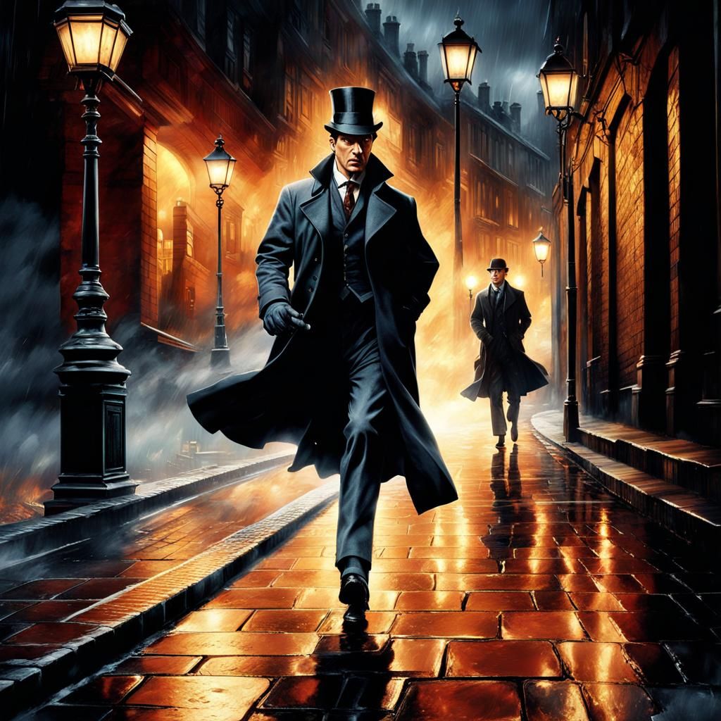 Noir Sherlock Holmes Chase on Rainy Street