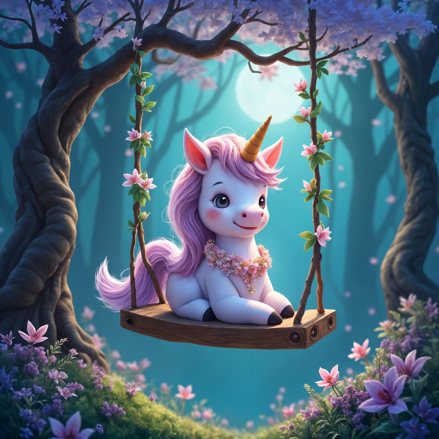 Whimsical Unicorn in a Magical Moonlit Forest