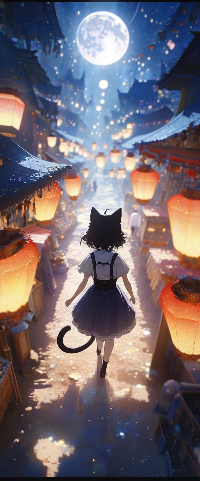 Fantasy Catgirl Market Scene with Lanterns and Stardust