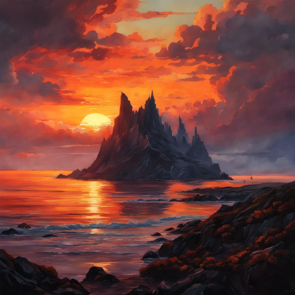 Colorful Fantasy Sunset in 3D, Realistic Watercolor Painting