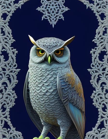 Intricate owl, made of crochet pattern 8k resolution concept art maximalist dendritic eldritch hyperdetailed IMAX 3ds Ma...