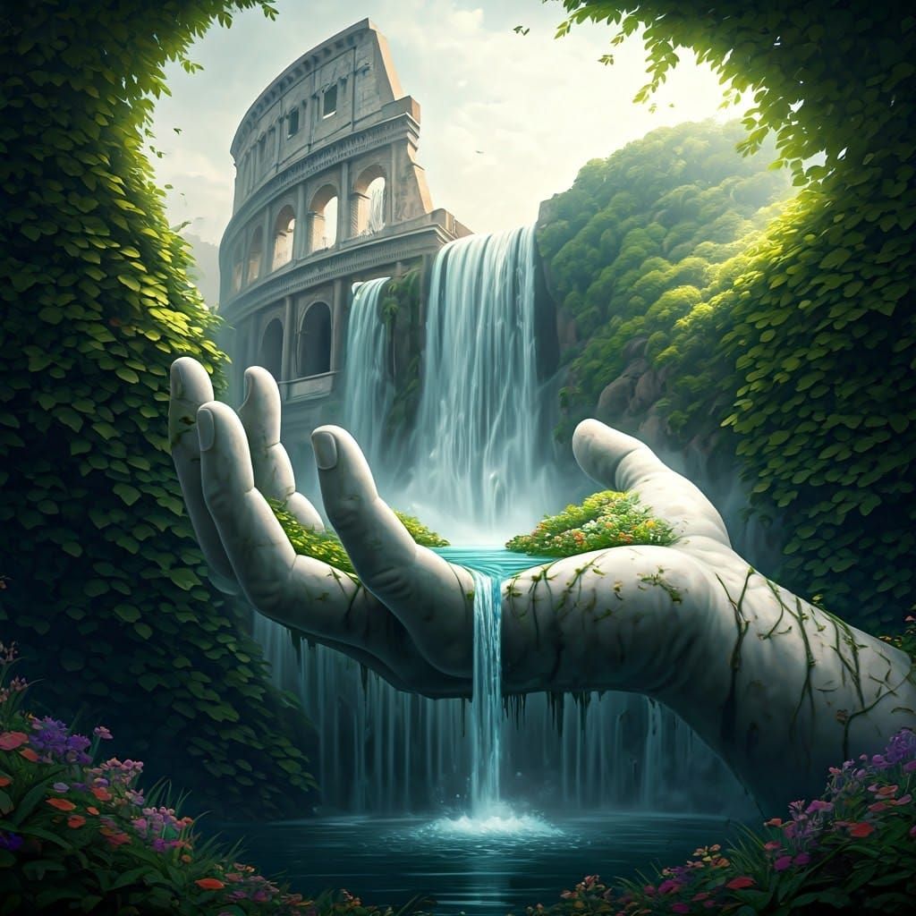 Marble Hand Cradling Waterfall in Surreal Landscape