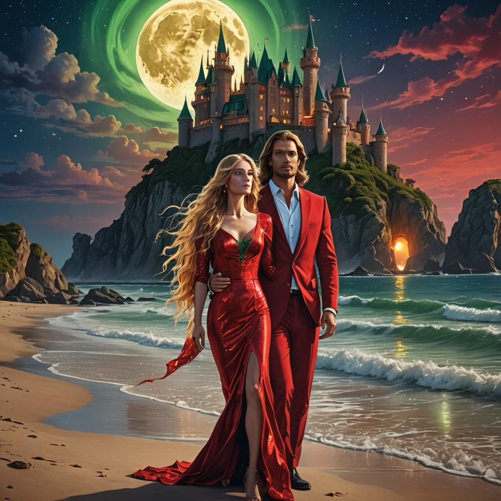 fabulously beautiful castle and handsome man with  a very beautiful girl with very long golden hair and with big green e...