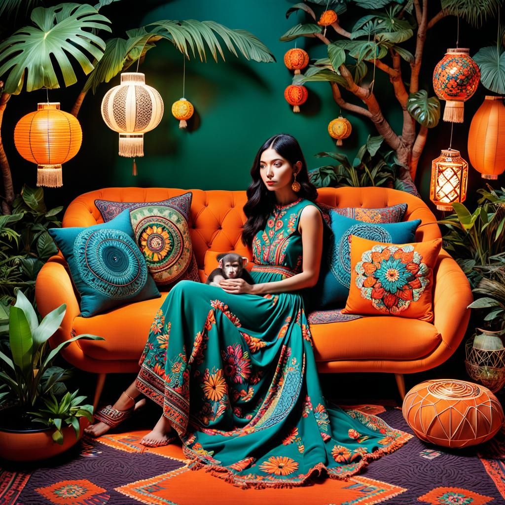 Boho Forest Scene with Woman and Monkey