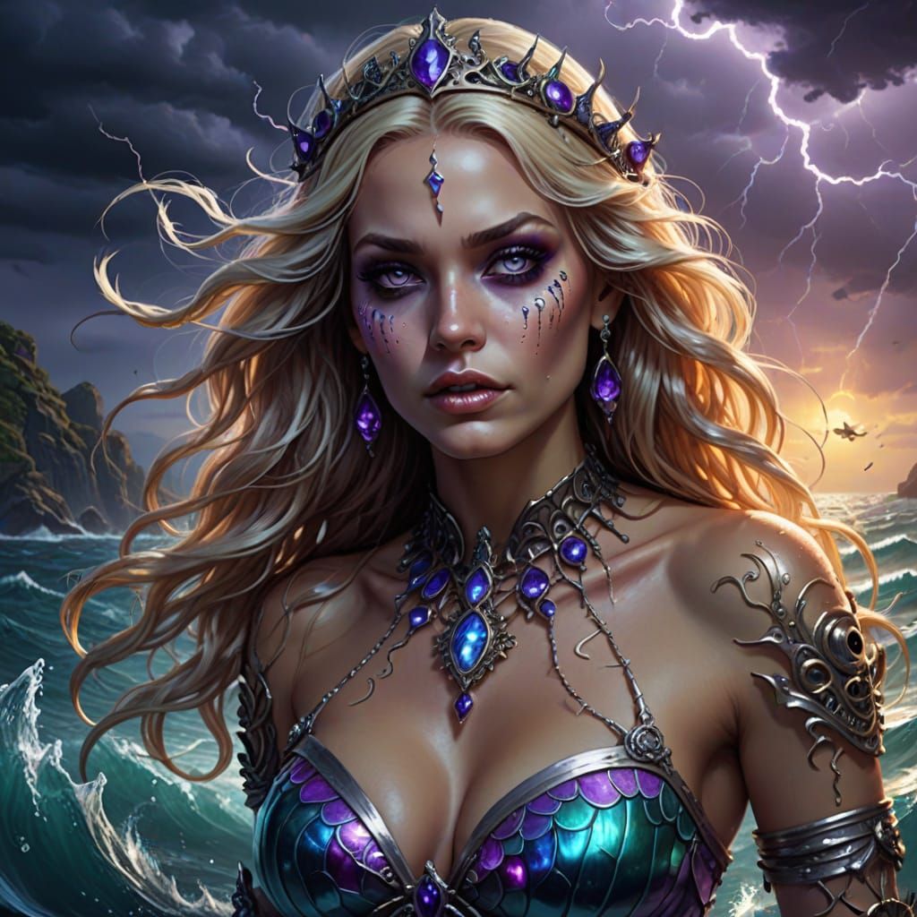 Mermaid Queen Emerges from Stormy Sea at Sunset