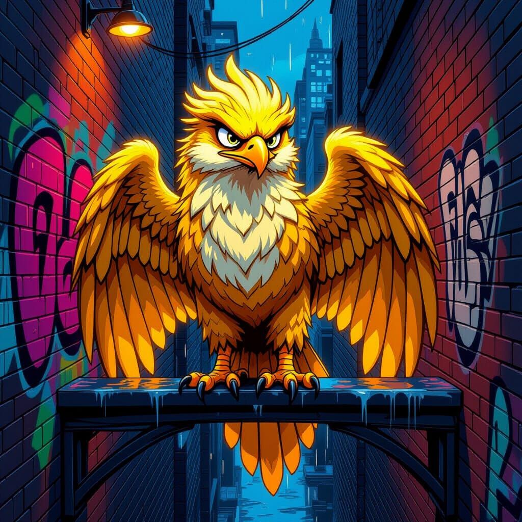 Griffin Perched in Comic Art City Alleyway