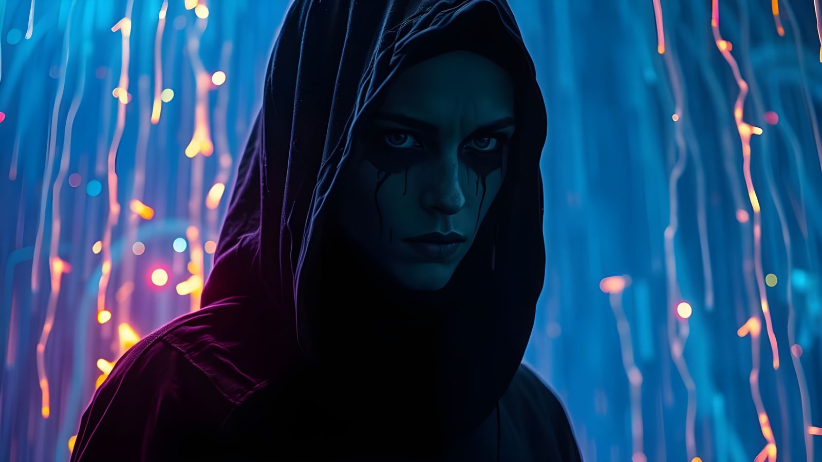 A Haunting Figure Illuminated by a Rain of Glowing Sparks