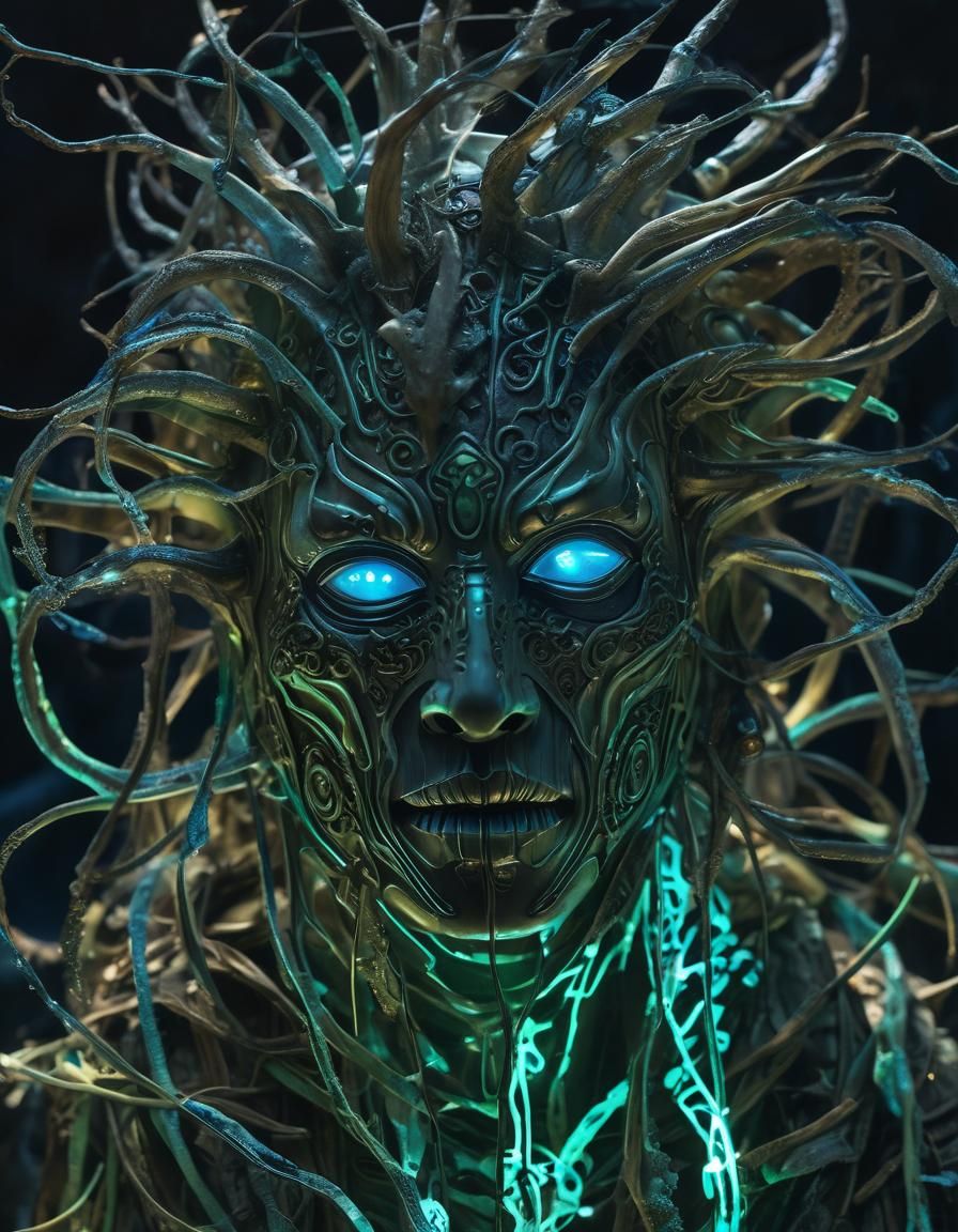Bioluminescent Mask in Dark Surrealism Style