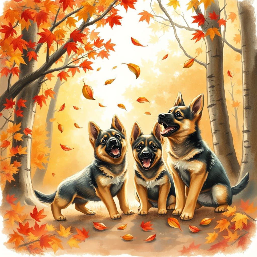 A mischievous sable German Shepherd puppies playfully battin...