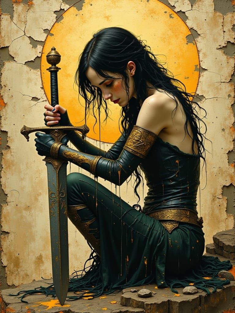 Battle-worn, injured female warrior,  kneeling in exhaustion, her weight leaning heavily on the hilt of her sword, its b...