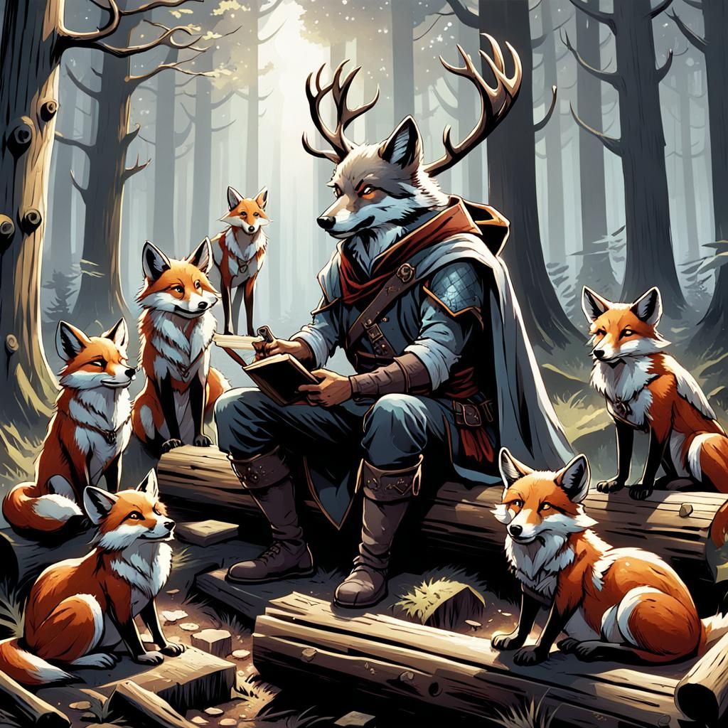 Wolf Bard Entertains Foxes in Forest, Comic Art