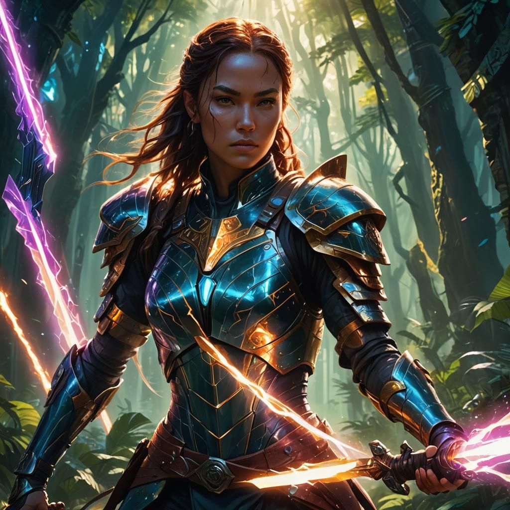 Futuristic Woman Warrior in Mystical Environment
