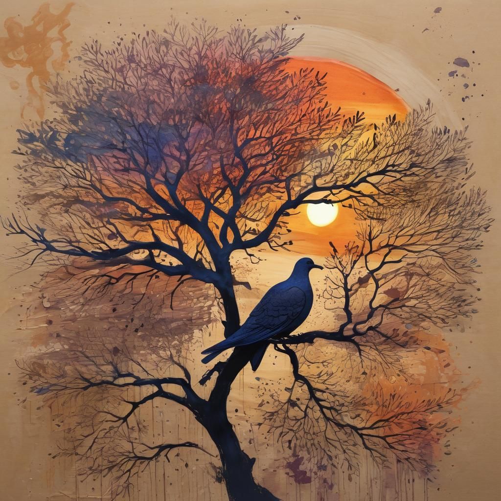 Tree and Dove Silhouette: Ink Drawing Sunset