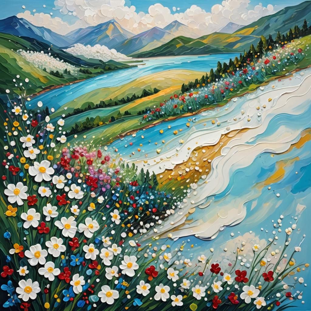 Pearlescent Mountain with Ruby River: Neo-Impressionist Pain...