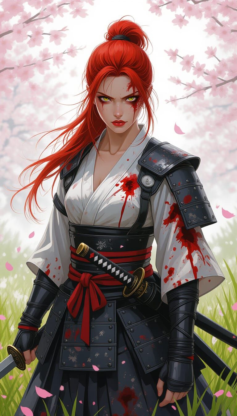 Furious Samurai Woman with Katana by Sakura Trees