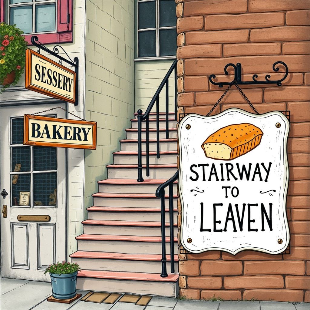 Charming Stairway to Leaven Bakery in Folk Art Style
