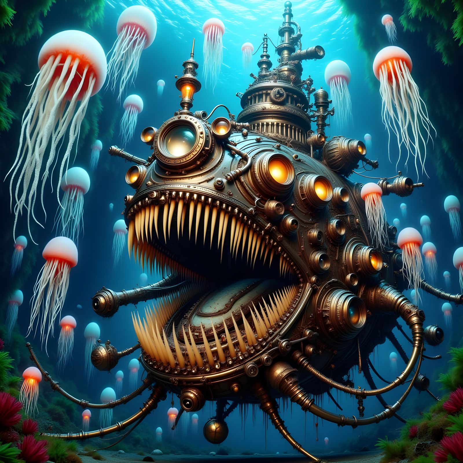 Steampunk Monster Submarine with Jellyfish Filaments