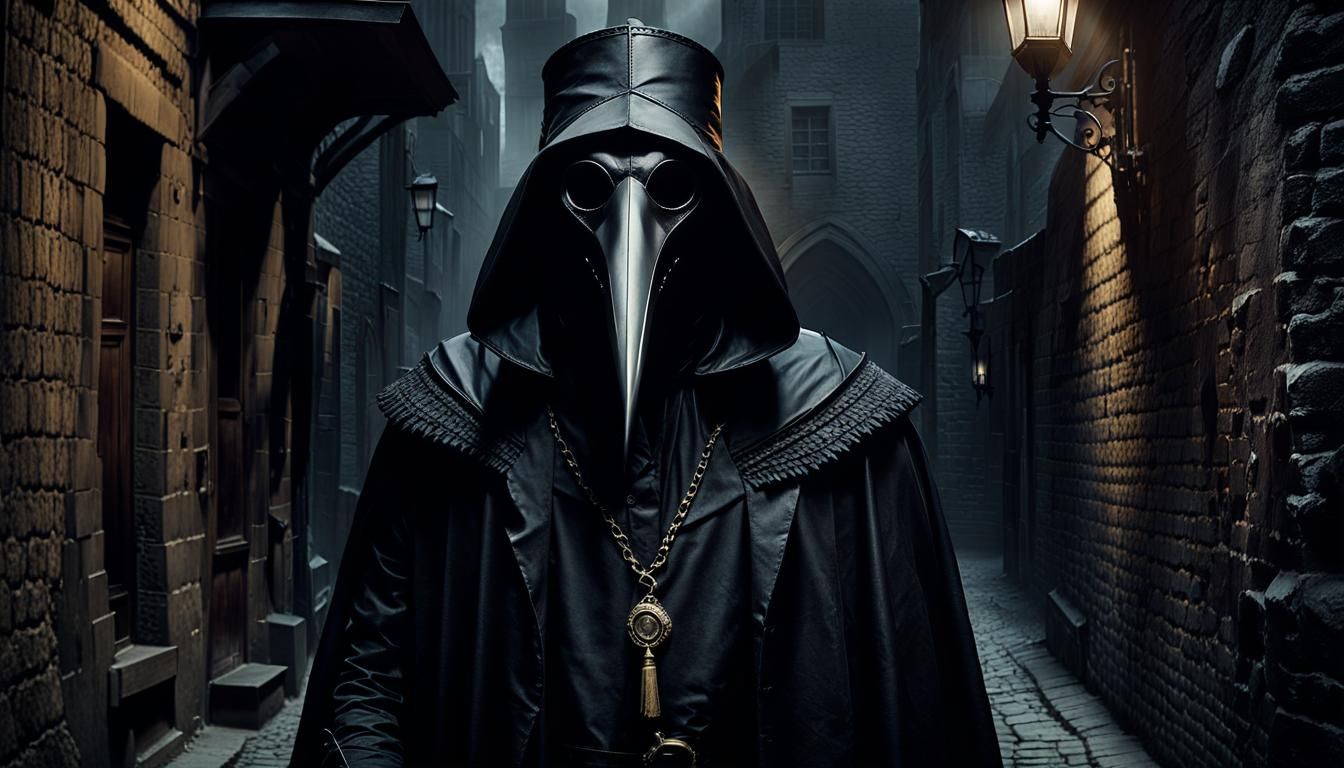 Plague Doctor in Dimly Lit Alleyway: Gothic Art