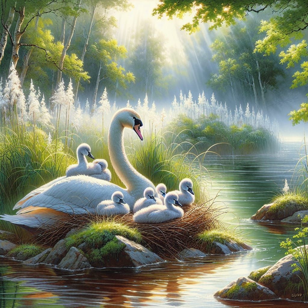 Tranquil Swan Family at Summer Dawn