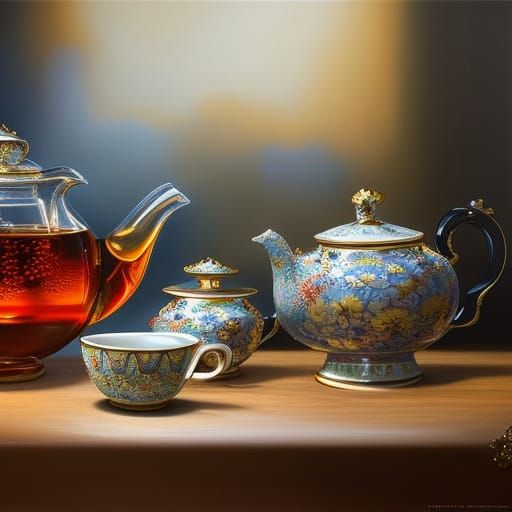 Intricate Porcelain Teapot Oil Painting with Steaming Tea