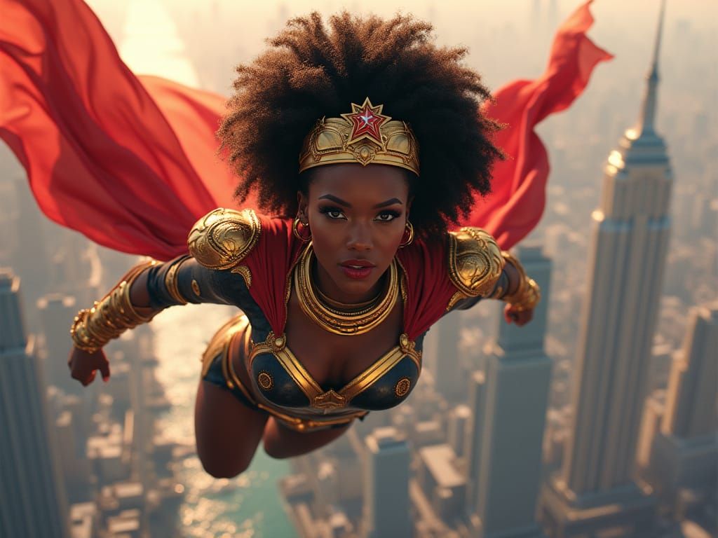 Regal American Superheroine Soars Above Futuristic City