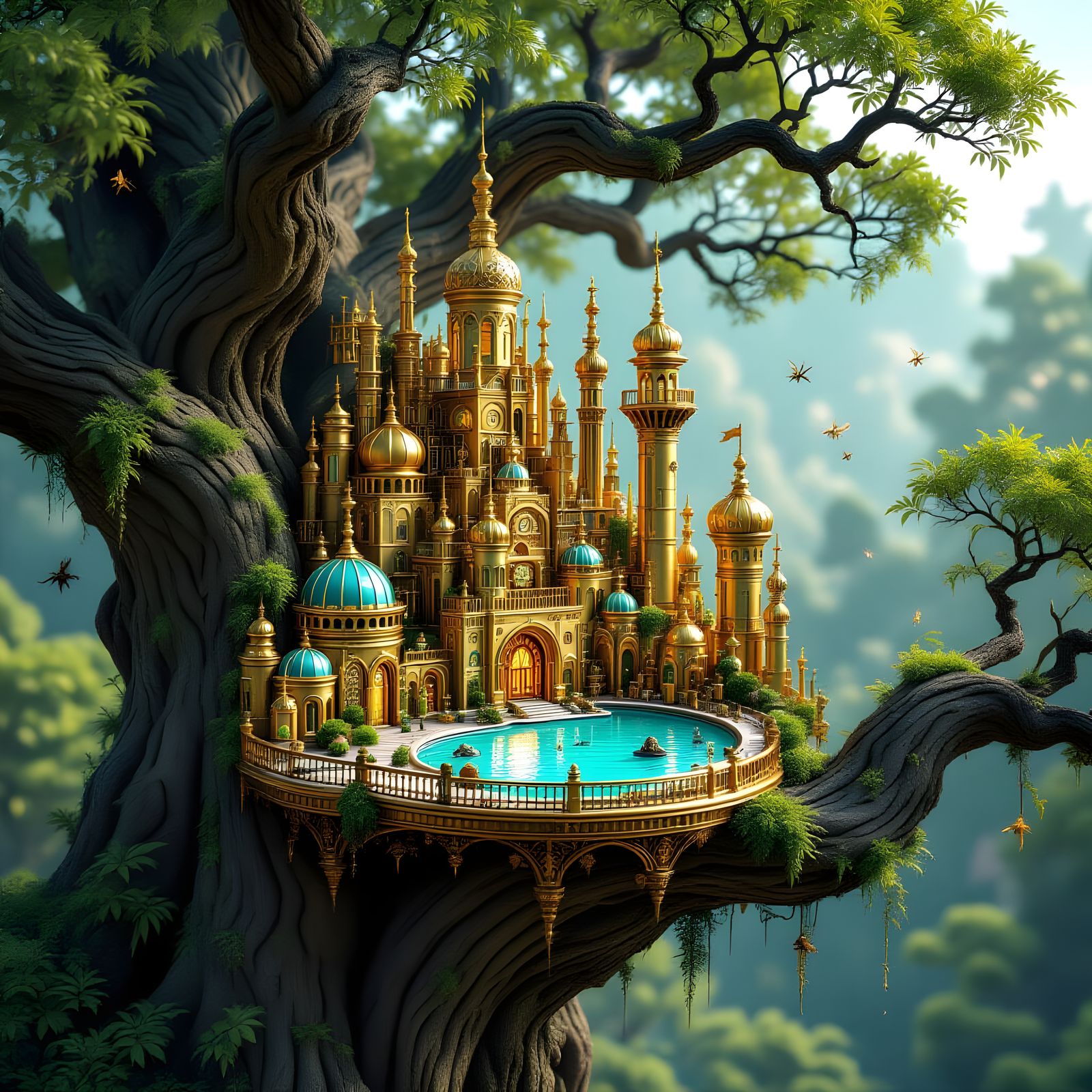 Golden Steampunk City in Bioluminescent Tree Branches