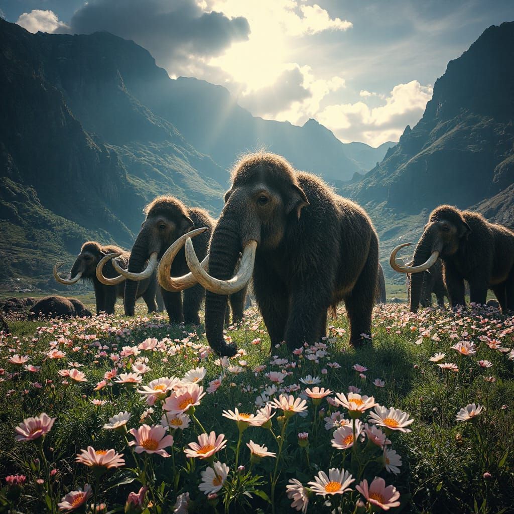 Woolly Mammoths Graze in Prehistoric Valley