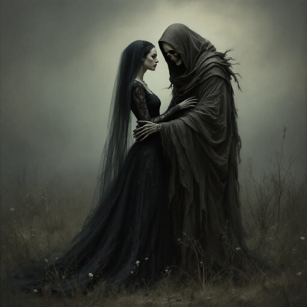 A Woman Surrounded by Macabre Beauty in Muted Earth Tones