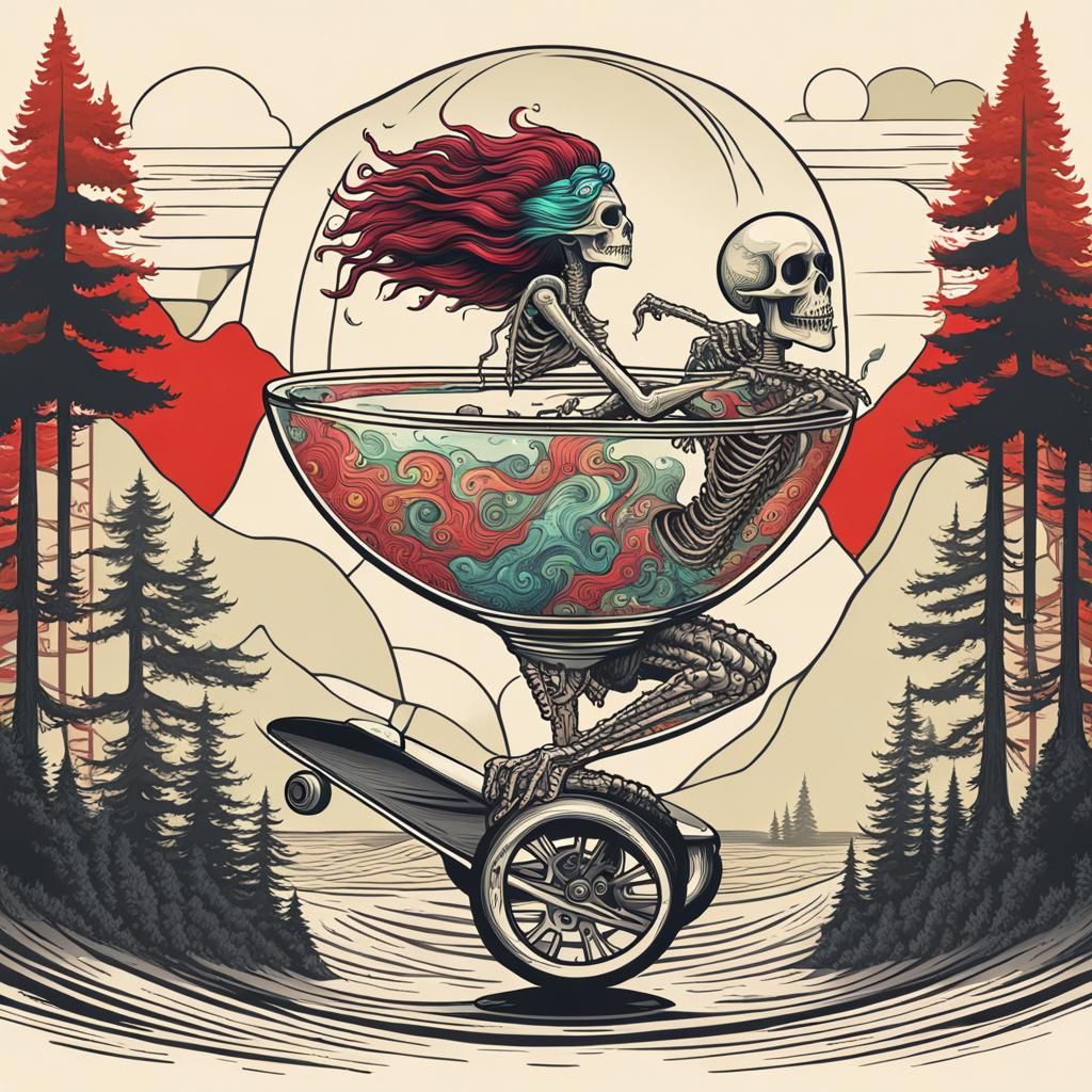 Punk Rock Mermaid Scene with Skeleton Skateboarder