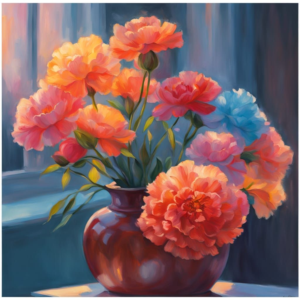 Vibrant Carnation Still Life Painting in Warm Light