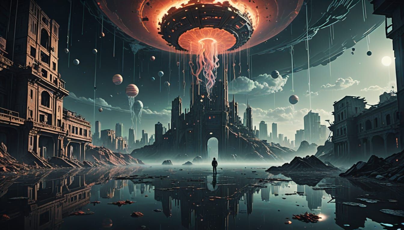 Drowned City Reborn Under Cosmic Sky