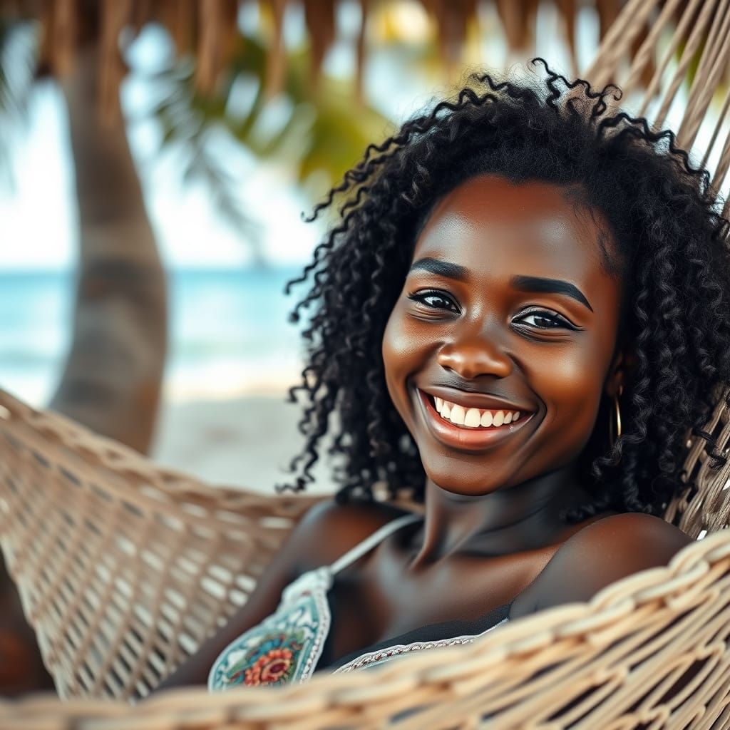 Woman in Hammock on Tropical Beach: Photorealistic