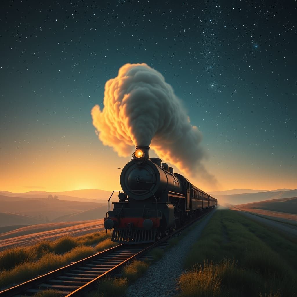 Vintage Steam Train Under Starlit Sky