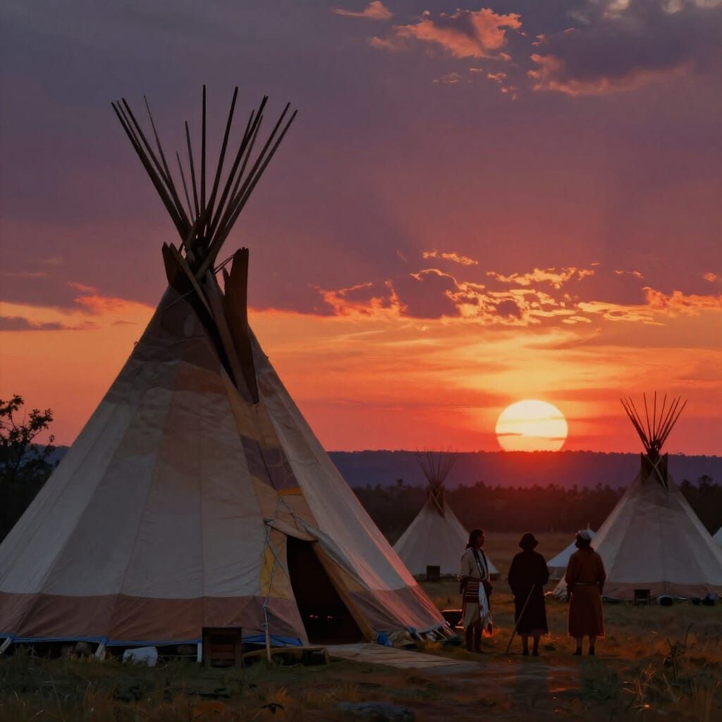 Native American Camp Silhouetted Against Fiery Sunset