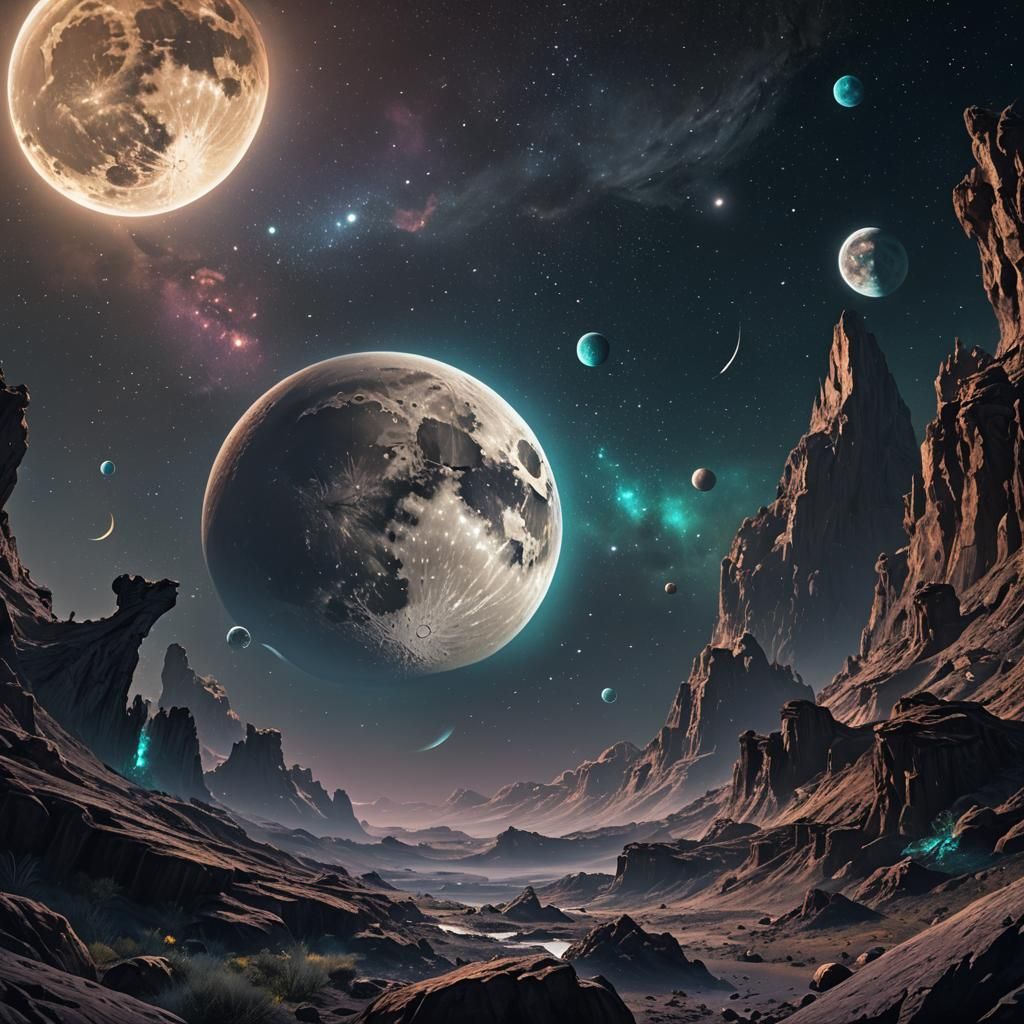 Bioluminescent Moon and Planets in Fantasy Concept Art